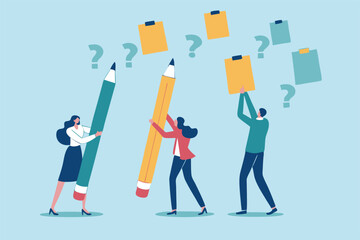 Ask question, listing problem to gather solution idea, faq or questionnaire, uncertainty, doubt or clarification, curiosity, solving problem concept, business people listing question mark sticky note.