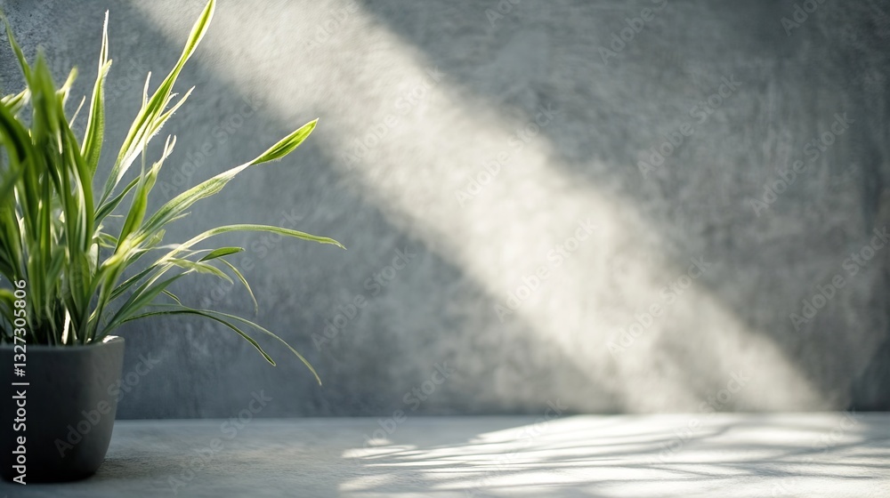 Poster A potted green plant on a textured surface with light casting interesting shadows and angles : Generative AI