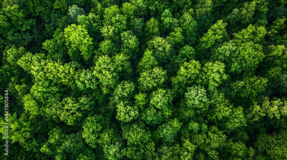 Poster aerial view of a lush green forest teeming with trees in various shades of green under the sunlight 
