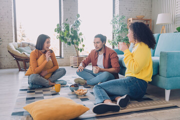 Group of Diverse Friends Enjoying Relaxing Time Together Indoors with Drinks and Snacks in a...