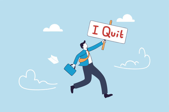 Quit full time job, resignation or end career, change job leaving company, employee termination, unemployment or burnout dissatisfaction exit layoff concept, businessman with stuff with quit job sign.