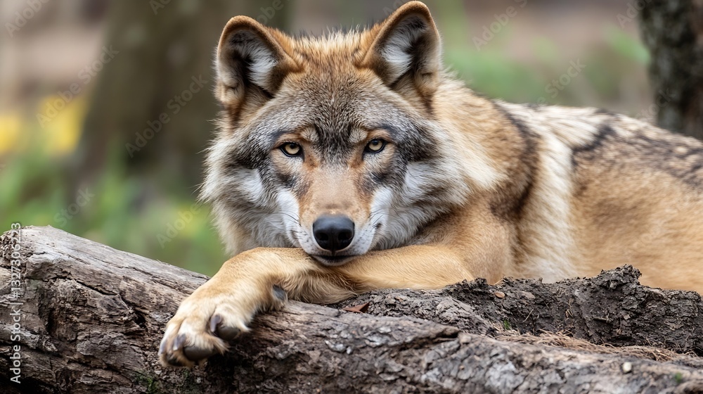 Poster majestic wolf resting on a log looking directly at the camera showcasing its powerful presence in na