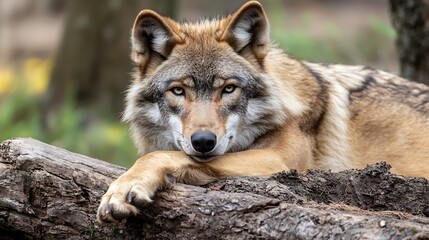 Obraz premium Majestic wolf resting on a log looking directly at the camera showcasing its powerful presence in nature : Generative AI