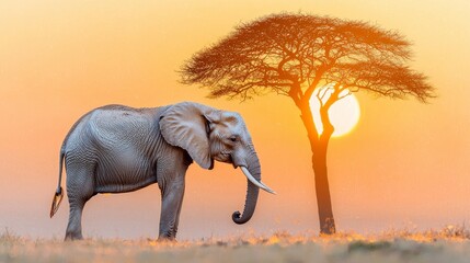 Fototapeta premium African Elephant at Sunset Pixel Art Landscape