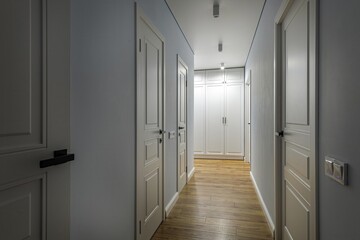 Elegant Hallway with White Doors and Wooden Flooring