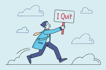 Quit full time job, resignation or end career, change job leaving company, employee termination, unemployment or burnout dissatisfaction exit layoff concept, businessman with stuff with quit job sign.