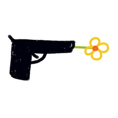 Hand-drawn pistol emitting a vibrant yellow flower from its barrel, symbolizing peace, contrast, and artistic expression