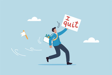 Quit full time job, resignation or end career, change job leaving company, employee termination, unemployment or burnout dissatisfaction exit layoff concept, businessman with stuff with quit job sign.