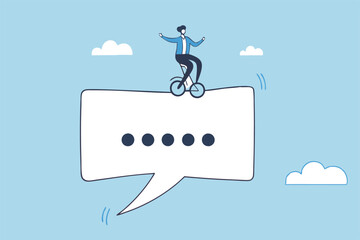 Communicate to success, talking or discussion, advice message dialogue, announcement speech bubble, business conversation or consultation concept, businessman acrobat on message speech bubble.