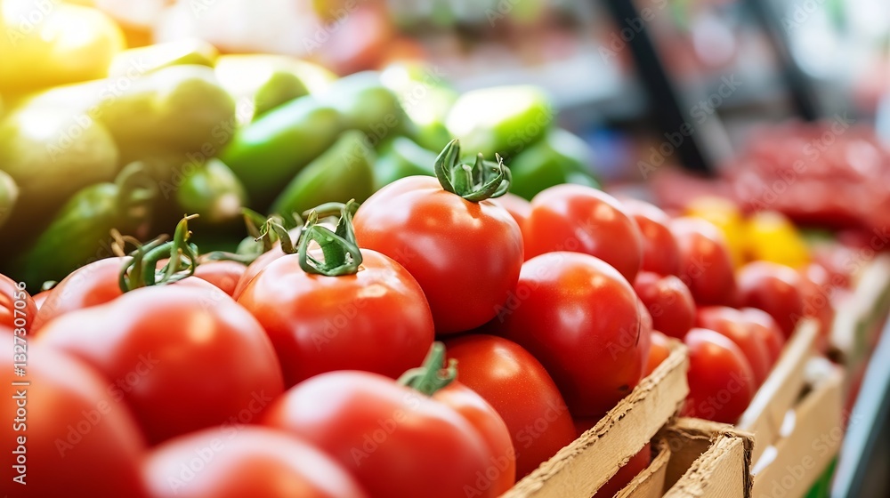 Poster fresh and vibrant tomatoes displayed at a local farmers market with colorful vegetables surrounding 