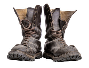 Pair of worn leather boots isolated on transparent background
