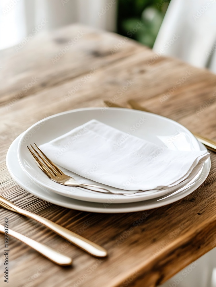 Aufkleber Elegant dining table setting featuring white plates and polished utensils on a rustic surface : Generative AI