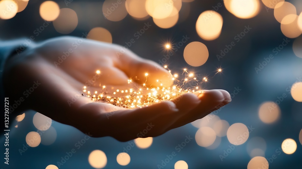Leinwandbilder hand gracefully holding sparkling light particles creating a magical effect against a blurred backgr