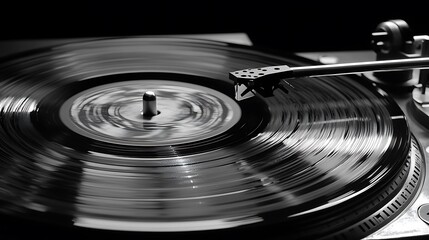 Close-up of a vinyl record spinning on a turntable.