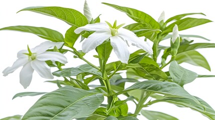 Obraz premium Close-Up of White Blooming Flowers with Lush Green Leaves on a Bright Background