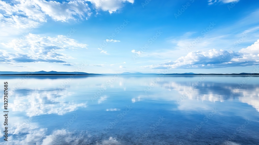 Poster expansive lake reflecting a brilliant blue sky adorned with fluffy clouds and serene waters : genera