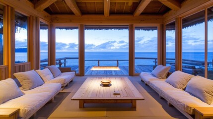 Fototapeta premium A cozy Japanese mountain lodge, built from natural wood, facing the sea with a stunning sunrise view. --chaos 20 --ar 16:9 --quality 2 --v 6.1 Job ID: e58c7d29-2cdf-47e2-a567-9f5ae6ef87e4