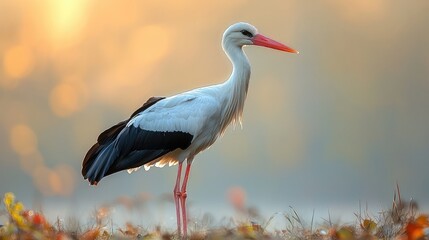 Fototapeta premium Majestic White Stork at Sunrise Standing in Golden Meadow, Elegant Bird Silhouette, Long Legs and Red Beak, Wildlife Photography