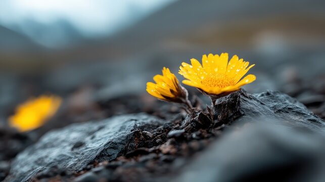 Amidst a rocky landscape, vibrant yellow flowers emerge, showcasing resilience and beauty in harsh conditions, captivating the viewer with nature’s delicate artistry.