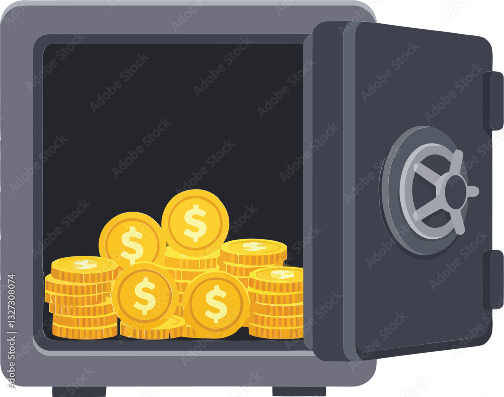 Aufkleber a secure black safe with an open door revealing shining gold coins in flat vector art style showcasi