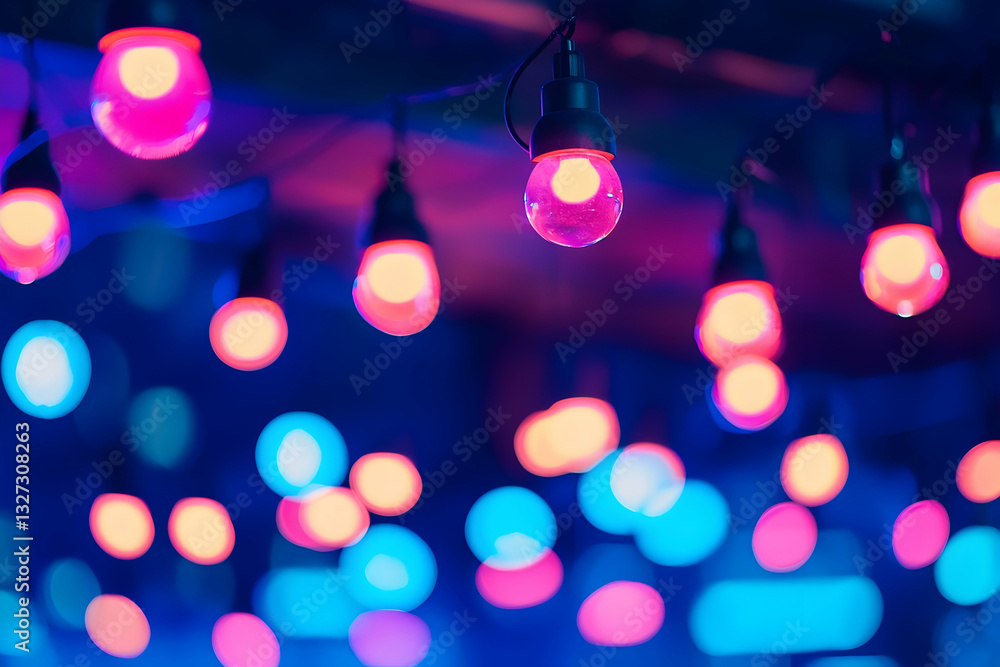 Poster hanging glowing string lights with colorful bokeh background effect