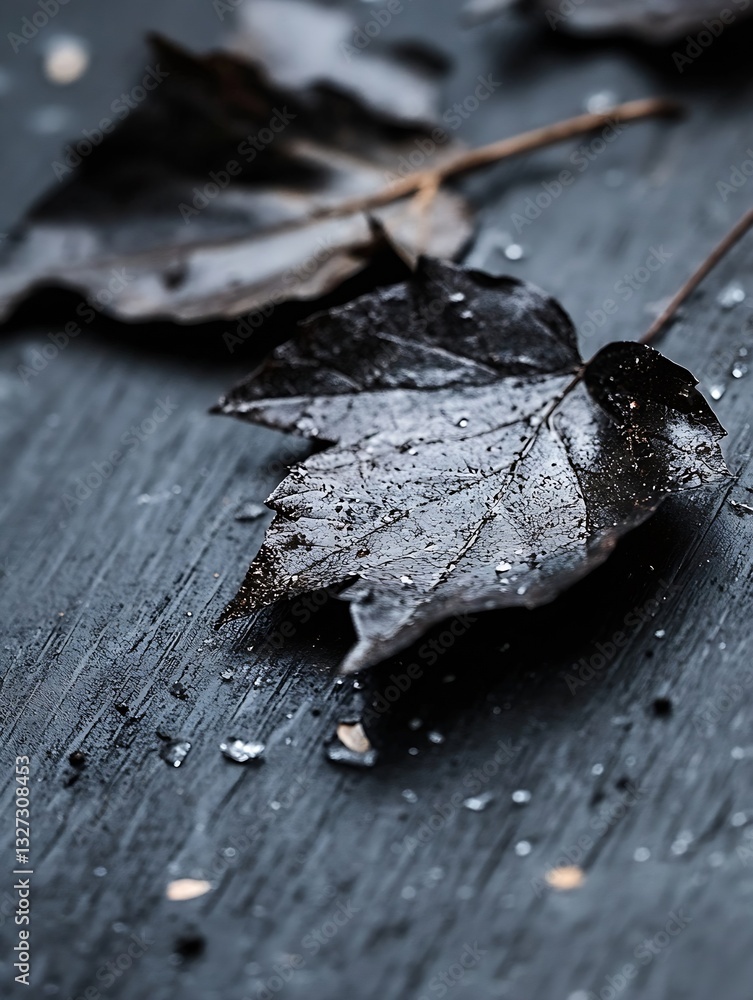 Poster Artistic display of dark leaves on a wet surface creating a moody and atmospheric fallinspired composition : Generative AI