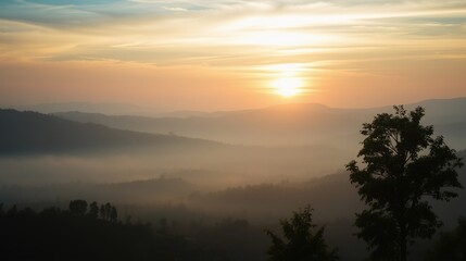 Fototapeta premium Serene Sunrise Over Misty Mountain Landscape