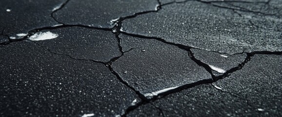 Obraz premium A cracked asphalt road with white lines, wet from rain and shining in the sun