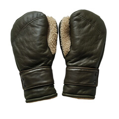 Faux Leather Mittens Olive Green with Faux Fleece Isolated on Transparent Background