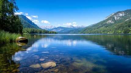 Fototapeta premium Serene mountain lake view with clear blue skies and reflections in calm water landscape : Generative AI