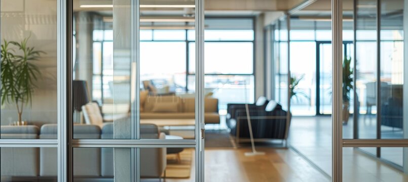 Modern Home Office and Living Room Separation with Aluminum Framed Glass Doors