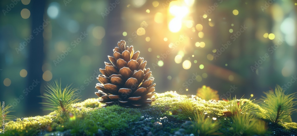 Aufkleber pine cone resting on moss with sunlight and bokeh in forest setting