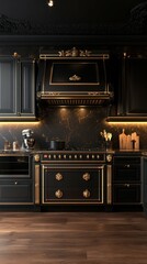 Luxurious black kitchen with golden accents and modern appliances showcased in elegant design