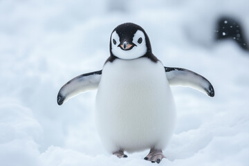 Fototapeta premium Adorable Emperor Penguin Chick Waddling Through the Snowy Antarctic Landscape