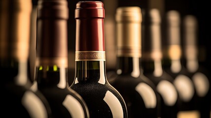 Elegant row of wine bottles, soft light enhancing textures, a refined display of sophistication and craftsmanship.
