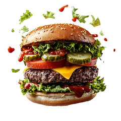 Classic Burger with Lettuce Tomato Pickles Isolated on Transparent Background