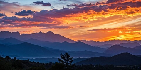 Obraz premium Mountain Range Sunset Layers of Ridges Under Fiery Skies, Scenery, Landscape