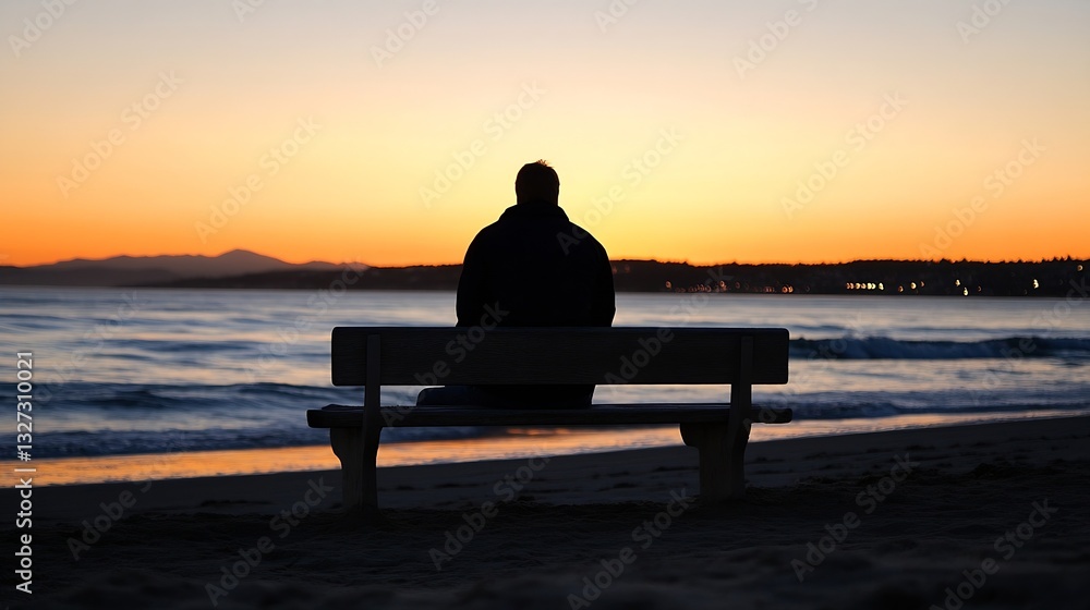 Poster serene sunset view with a lone figure sitting on a beach bench reflecting on life and nature : gener