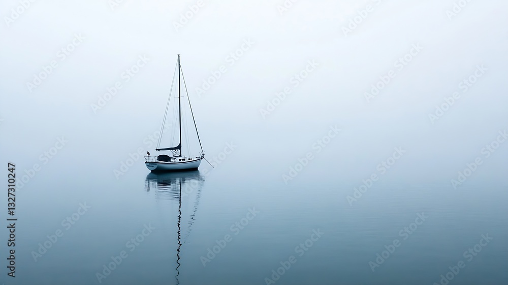 Poster lonely sailboat floating peacefully on calm waters surrounded by misty tranquility : generative ai