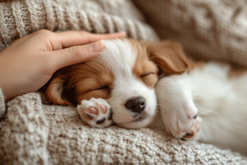 Obraz premium Close-up of a sleeping Cavalier King Charles Spaniel puppy being petted