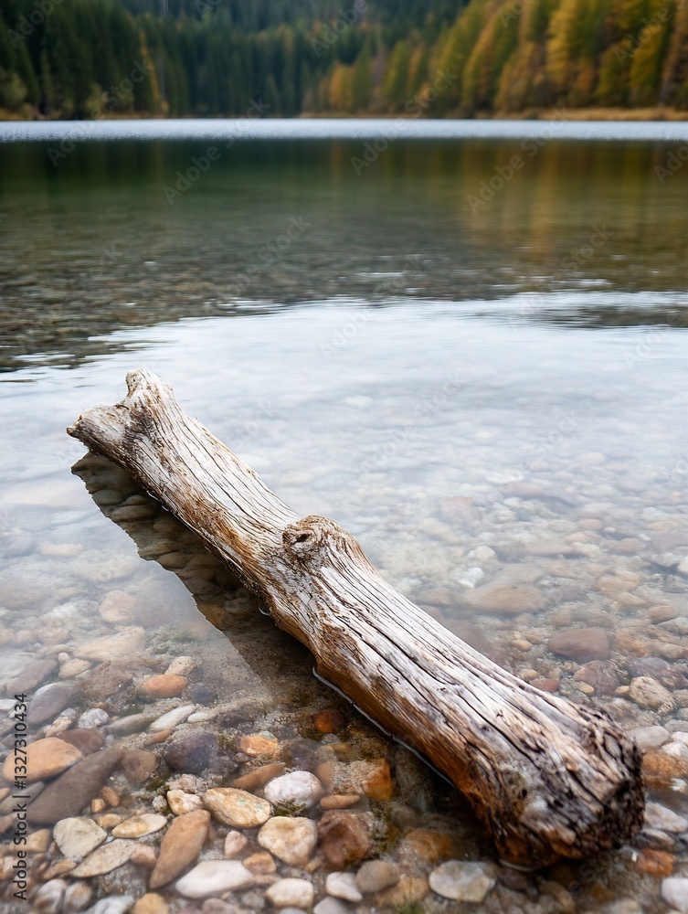 Aufkleber tranquil lake scene with a weathered log resting on the shore surrounded by clear water : generative