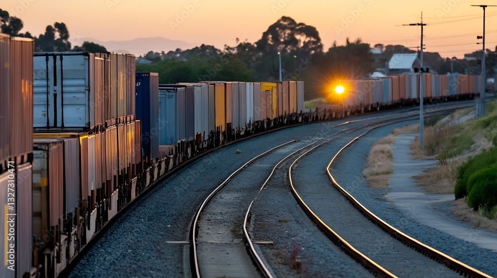 Poster freight train passing through scenic landscape at sunset with containers along the tracks : generati