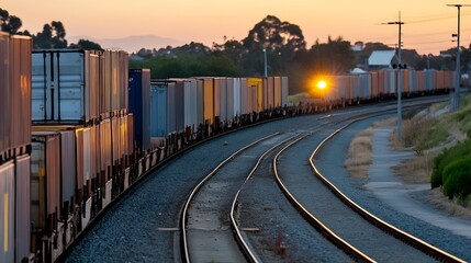 Fototapeta premium Freight train passing through scenic landscape at sunset with containers along the tracks : Generative AI