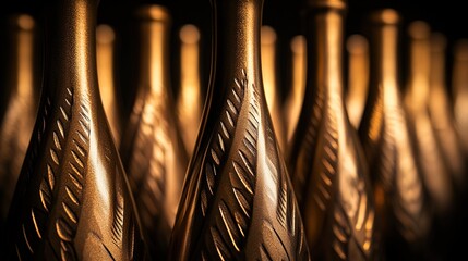 Elegant row of wine bottles, soft light enhancing textures, a refined display of sophistication and craftsmanship.
