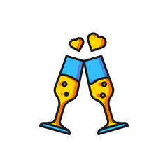 Color Glass of champagne icon isolated on white background. Happy Valentines day. Flat filled outline style with shadow. Vector