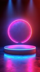 Obraz premium Vibrant neon stage with circular light setup at night for a creative performance or event