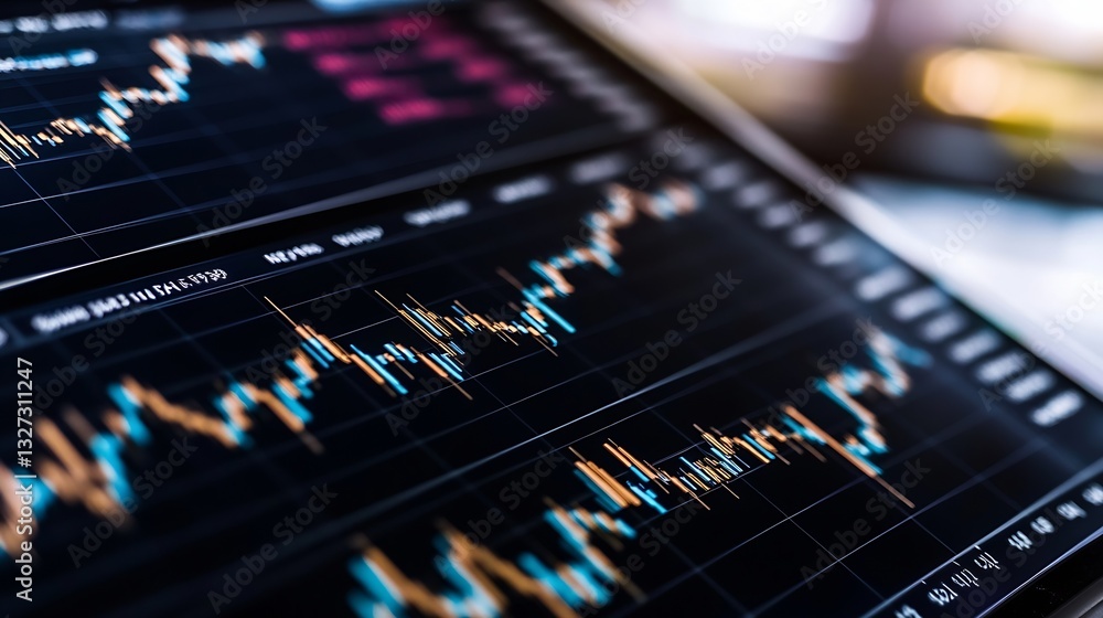 Poster Close up of financial stock market data displayed on a digital interface with graphs : Generative AI