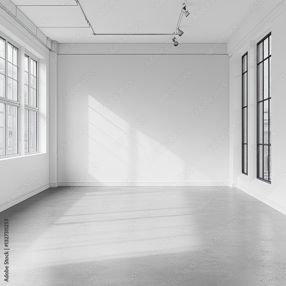 Poster empty white room with large windows and track lighting ideal for modern minimalist design projects