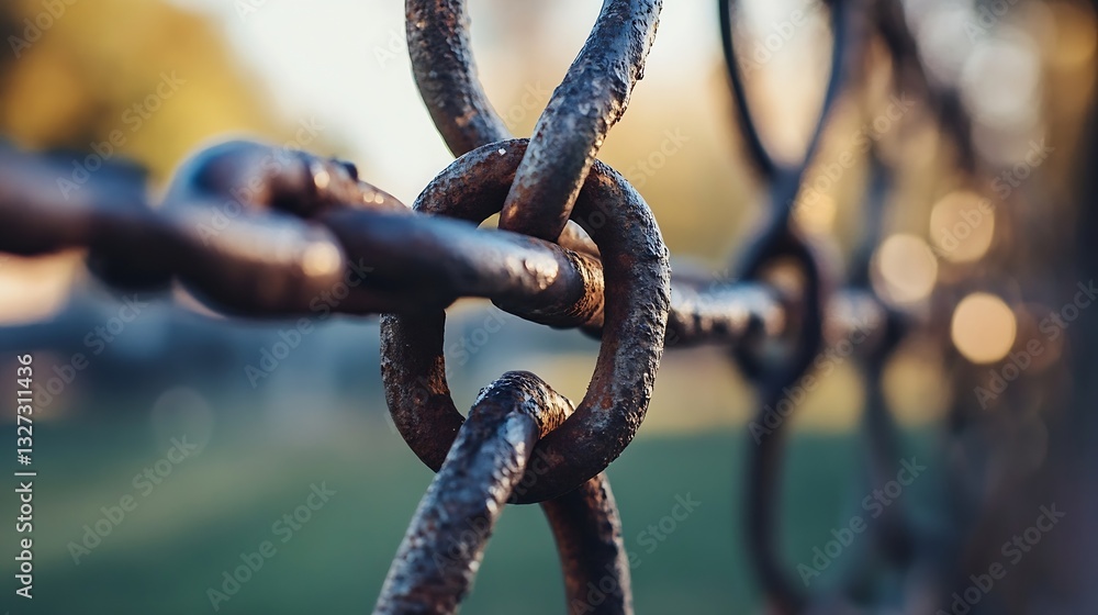 Aufkleber rusty metal links intertwined in a chain link fence captured in soft focus : generative ai