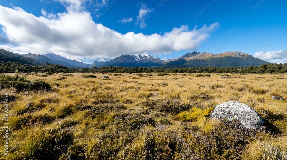 Poster scenic view of a mountainous landscape covered with lush greenery under bright clouds : generative a